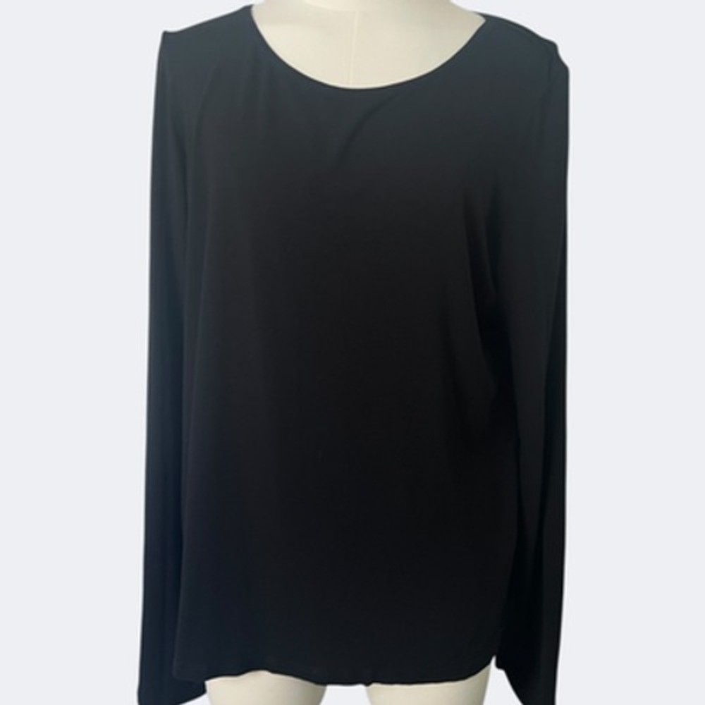 Eileen Fisher Shirt Womens L Black Scoop Neck‎ Long Sleeve Stretch Viscose USA
